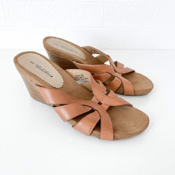 Thom McAn Womens Cross Wave Leather Studded Wedge Slide Sandals Brown Size 8 - Picture 1 of 7